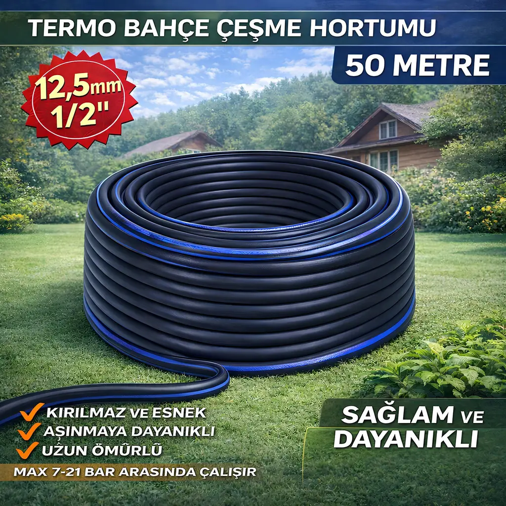 Termo Kauçuklu Bahçe Hortumu 50 Metre Dayanıklı 3 Katlı Sağlam Su Sulama Yıkama Hortum 12.5 mm 1/2"