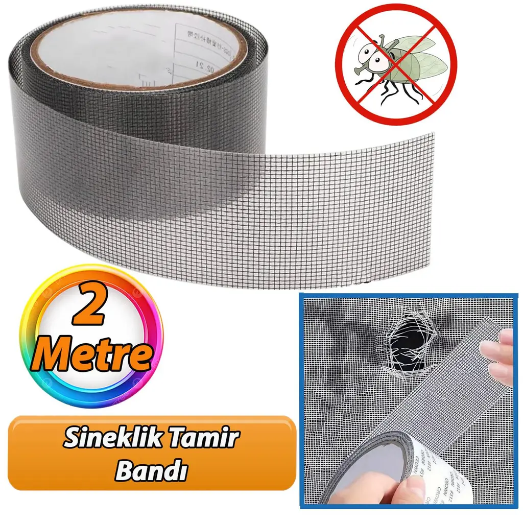 Yapışkanlı Sineklik Tülü Tamir Bandı Yırtık Kopmuş Delik Fiber Tül Yapıştırma Siyah 48 mm x 2 Metre