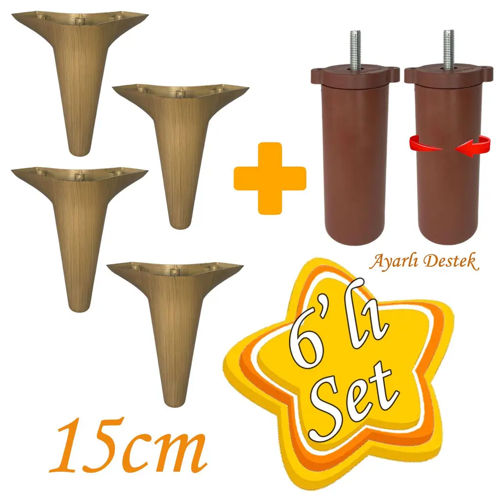 Zelve 6'Lı Set Mobilya Ünite Çekyat Koltuk Kanepe Ayarlı M8 Destek Ayağı 15 Cm Açık Ceviz Baza Ayak