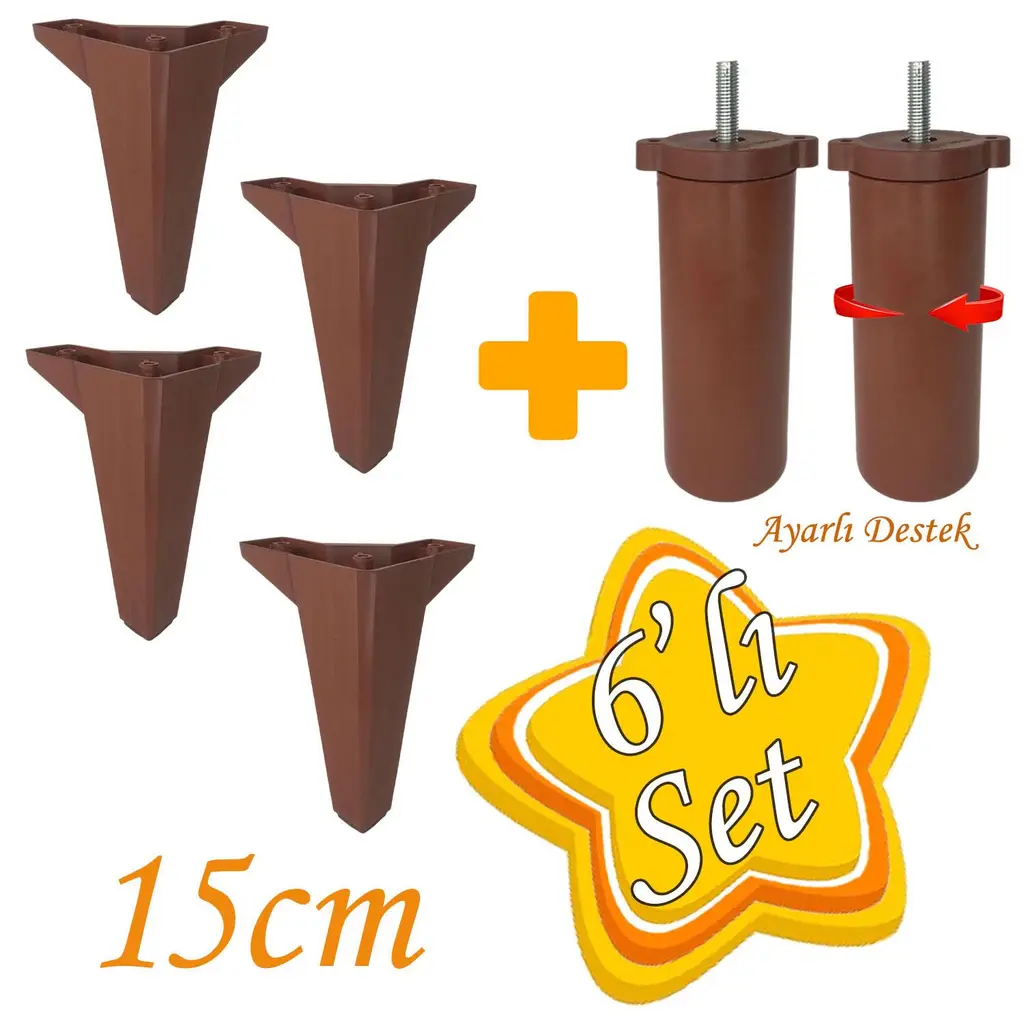 Serdivan 6'Lı Set Mobilya Ünite Çekyat Koltuk Kanepe Ayarlı M8 Destek Ayağı 15 Cm Ceviz Renk Baza Ayak